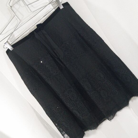 ANN TAYLOR! BLACK SEQUINNED LACE, BLACK VELVET RIBBON TRIM A-LINE SKIRT! SZ 14 - Picture 8 of 8